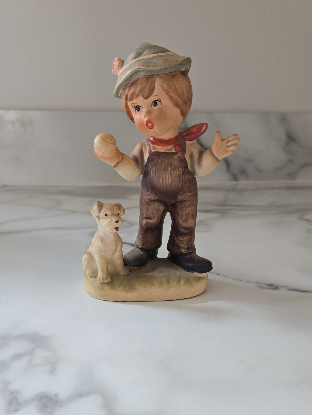 Vintage Brinn's T-1818 Boy Figurine with Dog - Cream, Brown, Blue Hat